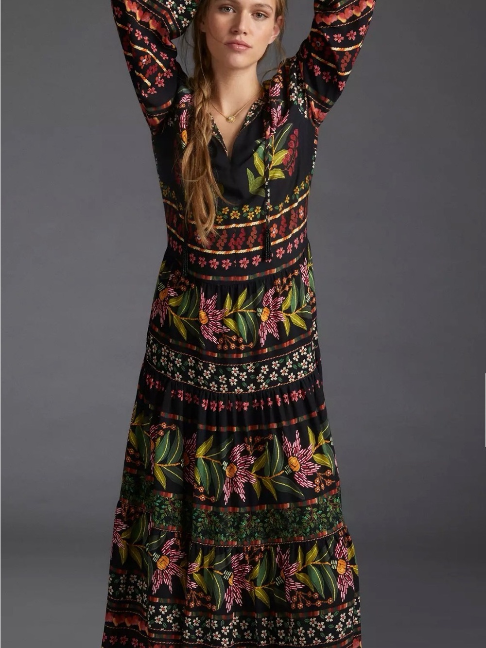 Farm Rio Anthropologie Glynn Maxi Dress Small Lace Black Floral Tiered
